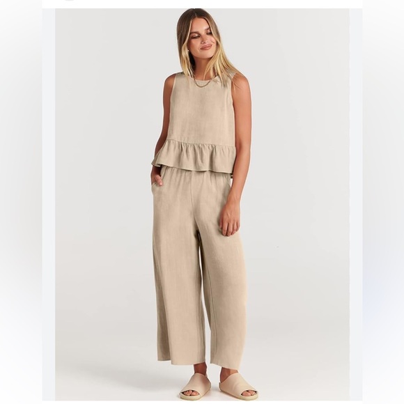 Tan 2 piece Linen Vacation Set NWOT SIZE M - Picture 5 of 8